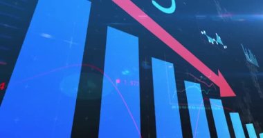 Finansal veri işleme animasyonu, aşağıya bakan ok ve istatistikler. küresel işletme finans kavramı dijital olarak oluşturulmuş görüntü.