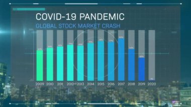 Kentin geceleri covid 19 salgın istatistiklerinin animasyonu. küresel covid 19 koronavirüs pandemik sağlık krizi konsepti dijital olarak oluşturulmuş görüntü.