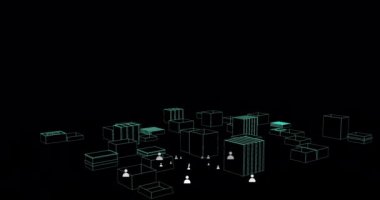 3D şehir modeli üzerinde birden fazla insan simgesinin canlandırılması. küresel ağ teknolojisi dijital arayüz bağlantı konsepti dijital olarak oluşturulmuş görüntü.