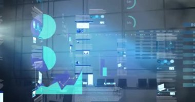 Yoğun ofis üzerinden istatistik ve finansal veri işleme animasyonu. küresel iş teknolojisi dijital arayüz bağlantı konsepti dijital olarak oluşturulmuş görüntü.