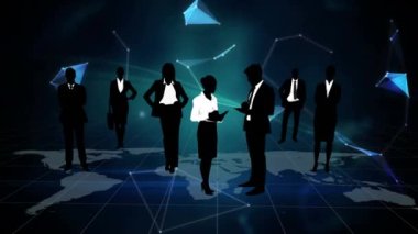 Bir grup iş adamı üzerinde dünya haritası bağlantıları ağı animasyonu. küresel iş teknolojisi bağlantı konsepti dijital olarak oluşturulmuş görüntü.