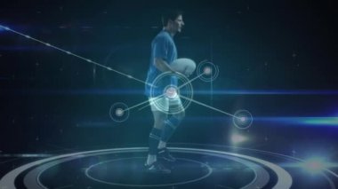 Erkek rugby oyuncusunun animasyonu, bağlantılar ağı ve veri işleme. global spor teknolojisi ağ konsepti dijital olarak oluşturulmuş görüntü.
