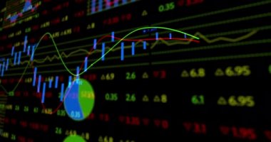 Grafikler ve rakamlar değişen borsa ekran panosu animasyonu. küresel işletme finans kavramı dijital olarak oluşturulmuş görüntü.