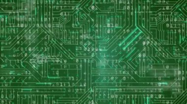 Yeşil devre kartında hareket eden ışık izlerinin animasyonu. küresel teknoloji bağlantı iletişim konsepti dijital olarak oluşturulmuş görüntü.