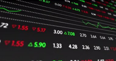 Borsa ekran panosunun animasyonu ve siyaha değişen rakamlar. küresel işletme finans kavramı dijital olarak oluşturulmuş görüntü.