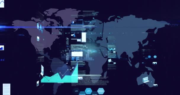 青の背景に世界地図に対するデータ処理とデジタルインターフェイスのデジタルアニメーション コンピュータ インターフェースやグローバル ネットワーキングの概念 — ストック動画