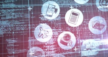 Veri işleme ve ızgara üzerinde çoklu dijital simgelerin canlandırılması. dijital arayüz bağlantısı ve dijital olarak oluşturulan iletişim konsepti.