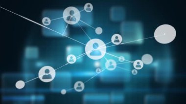 Mavi kare şekillere karşı siyah arkaplan arasındaki bağlantı ağının dijital animasyonu. küresel ağ ve modern teknoloji kavramı.