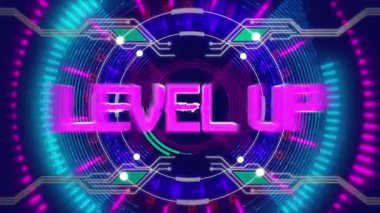 Mavi arkaplana karşı parlayan tünel üzerinden neon seviyesindeki metnin dijital animasyonu. Bilgisayar oyunu ve teknoloji konsepti.