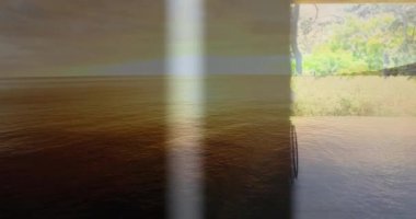 Güneş batarken çekilmiş dijital deniz videosu hastane koridorunda tekerlekli sandalyedeki yaşlı bir hastaya karşı. dijital birleşik video konsepti