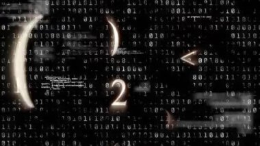 İkili kodlama veri işlemesine karşı matematiksel sembollerin ve sayıların dijital animasyonu. çevrimiçi güvenlik ve modern teknoloji kavramı.