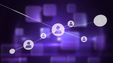 Siyah arkaplandaki mor kare şekillere karşı bağlantı ağının dijital animasyonu. küresel ağ ve modern teknoloji kavramı.