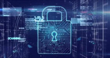 Mavi arka planda parlayan güvenlik asma kilidi simgesi ve veri işlemesinin dijital animasyonu. çevrimiçi güvenlik ve modern teknoloji kavramı