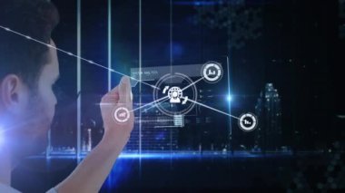 Mavi arkaplana karşı fütürist tablet kullanan insan üzerindeki bağlantı ağının dijital kompozit videosu. küresel ağ oluşturma ve gelecekteki teknoloji kavramı