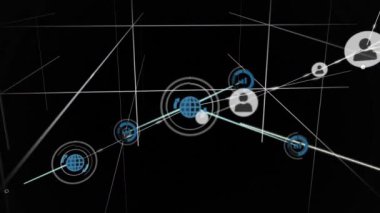 Siyah arkaplana karşı ızgara çizgileri üzerinden bağlantı ağının dijital animasyonu. küresel ağ oluşturma kavramı