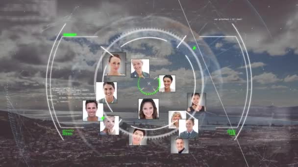 Vídeo Composto Digital Escaneamento Escopo Sobre Vários Ícones Perfil Contra — Vídeo de Stock