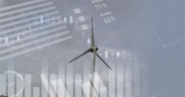 Digital Animation Financial Data Processing Windmill Spinning Blue Background Renewable — Stock Video
