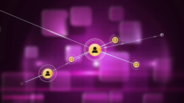 Digitális animáció hálózati kapcsolatok ellen lila négyzet alakú fekete háttér. globális hálózatépítés és modern technológiai koncepció.