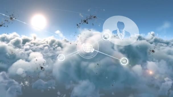 空の雲に対する接続アイコンのネットワークのデジタルアニメーション 世界的なネットワーキングとクラウドストレージの概念 — ストック動画