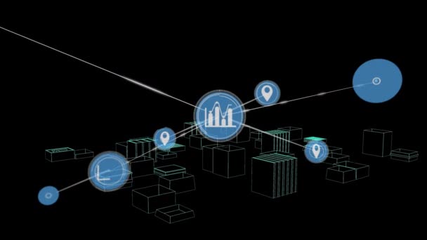 Цифровая Анимация Сети Соединений Городской Моделью Вращения Черном Фоне Глобальная — стоковое видео