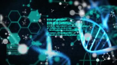 Arka planda DNA ipliği, tıbbi veri işleme ve kimyasal bileşik yapıların animasyonu. Küresel bilim teknolojisi kavramı dijital olarak oluşturulmuş görüntü.