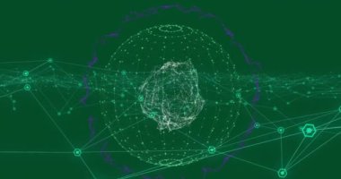 Yeşil arka planda bağlantıları olan dünyanın animasyonu. küresel ağ teknolojisi konsepti dijital olarak oluşturulmuş görüntü.