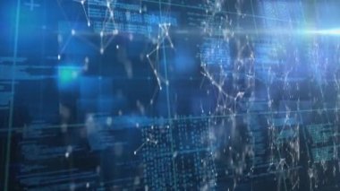Parlak mavi arkaplan üzerinde bağlantı ağının ve veri işleme ağının animasyonu. dijital arayüz küresel bağlantı ve dijital olarak oluşturulan iletişim konsepti.