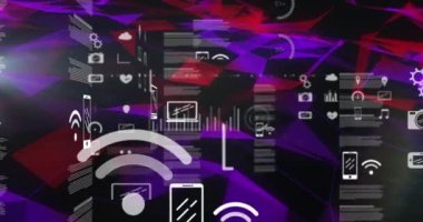 Bağlantı ağı üzerinden arayüz ikonlarının veri işleme animasyonu. dijital arayüz konsepti dijital olarak oluşturulmuş bağlantı ağı.