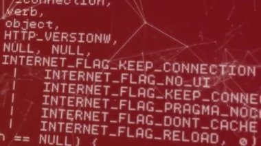 Kırmızı arkaplan üzerinde veri işleme ağı animasyonu. küresel ağ teknolojisi konsepti dijital olarak oluşturulmuş görüntü.