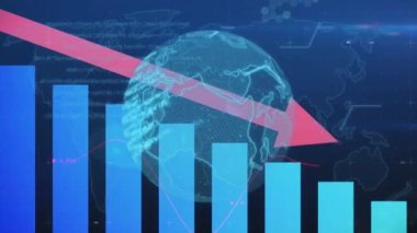 Dünya üzerinde alçalan kırmızı okla finansal veri işleme animasyonu. küresel finans teknolojisi dijital arayüz konsepti dijital olarak oluşturulmuş görüntü.