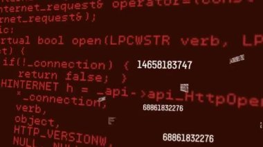 Kırmızı arkaplanda değişen sayıların dijital animasyonu ve veri işlemesi. bilgisayar arayüzü teknolojisi kavramı.