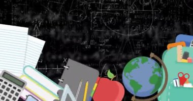 Siyah zemin üzerinde matematiksel denklemlere karşı hareket eden okul kavramı simgelerinin dijital animasyonu. okul ve eğitim kavramı