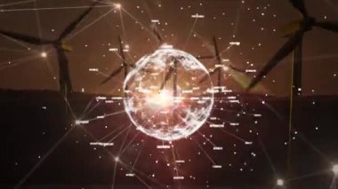 Rüzgâr türbinlerinin üzerinde dönen kelimelerle bağlantılı dünyanın animasyonu. küresel çevre sürdürülebilirlik kavramı dijital olarak oluşturulmuş görüntü.