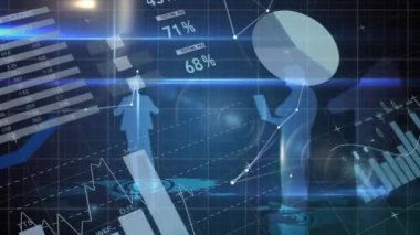 Dünya haritası ve ızgara üzerinde finansal verilerin ve istatistiklerin animasyonu. dijital arayüz finans bağlantısı ve dijital olarak oluşturulan iletişim konsepti.