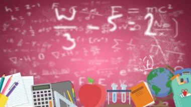 Okul kavramının dijital animasyonları pembe arkaplanda yüzen matematiksel denklemler üzerine. okul ve eğitim kavramı