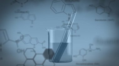 Laboratuvar deney tüpündeki kimyasal bileşik yapıların animasyonu. Küresel bilim teknolojisi kavramı dijital olarak oluşturulmuş görüntü.