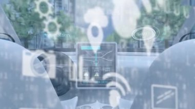 Dijital simgelerin dijital animasyonları şehirde ilerleyen gelecekçi otomobillere karşı. Bilgisayar arayüzü ve gelecekteki teknoloji kavramı