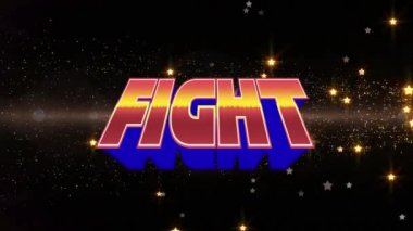 Parlayan spot ışıkları ve yıldızların üzerinde kırmızı, sarı ve mavi harflerle dövüş metninin animasyonu. Retro video oyunu iletişim konsepti dijital olarak oluşturulmuş görüntü.