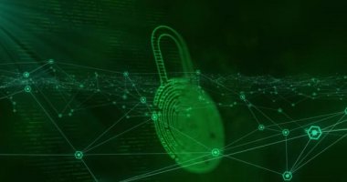 Yeşil arka plandaki bağlantı ağı üzerinden yeşil çevrimiçi asma kilit animasyonu. dijital arayüz konsepti dijital olarak oluşturulmuş bağlantı ağı.