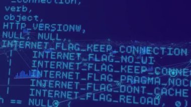 Mavi arkaplan ile bağlantı ağı üzerinden veri işleme dijital animasyonu. bilgisayar arayüzü ve ağ teknolojisi kavramı.