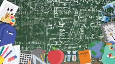 Matematiksel denklemler ve yeşil arkaplandaki diyagramlara karşı okul kavramı simgelerinin dijital animasyonu. okul ve eğitim kavramı.