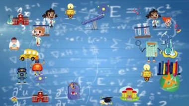 Matematiksel denklemler ve mavi arkaplandaki diyagramlara karşı okul kavramı simgelerinin dijital animasyonu. okul ve eğitim kavramı
