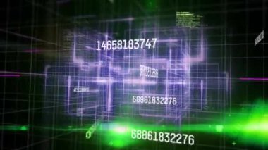 Yeşil arkaplandaki mor ışık izlerine karşı veri işleme ve değişen sayıların dijital animasyonu. bilgisayar arayüzü teknolojisi kavramı.