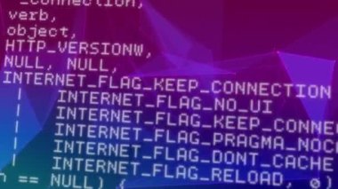 Mor ve mavi gradyan arkaplan ile pleksus ağları üzerinden veri işleme dijital animasyonu. Bilgisayar arayüzü teknolojisi ve çevrimiçi güvenlik kavramı.