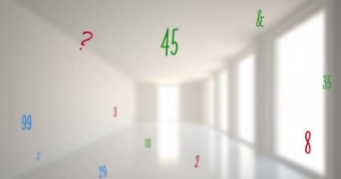 Boş okul koridorunda yüzen matematiksel sayılar ve sembollerin dijital bileşimi. okul ve eğitim kavramı.