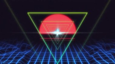 Eşmerkezli üçgen, kırmızı güneşin doğuşuyla siyah arkaplanın altındaki mavi ızgarayı bozuyor. Vintage renk ve hareket konsepti dijital olarak oluşturuldu.