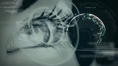 Bağlantılar ağı ve veri işleme ağının bir kadının gözünün kapatılmasıyla oluşan bir animasyon. dijital arayüz küresel bağlantı ve dijital olarak oluşturulan iletişim konsepti.