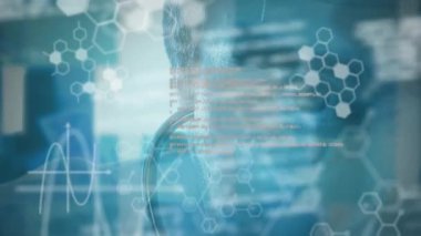 Arka planda doktor olan tıbbi veri işleme ve kimyasal bileşik yapıların animasyonu. küresel bilim teknolojisi konsepti dijital olarak üretilen görüntü.