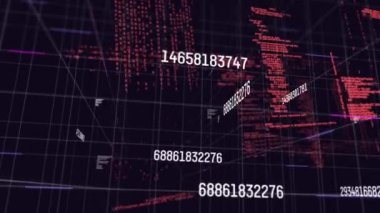 Asılı numaraların dijital animasyonu ve siyah arkaplanla veri işleme. bilgisayar arayüzü teknolojisi kavramı.