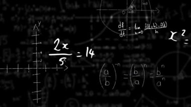 Siyah arkaplana karşı yüzen matematiksel sembollerin ve denklemlerin dijital animasyonu. okul ve eğitim kavramı